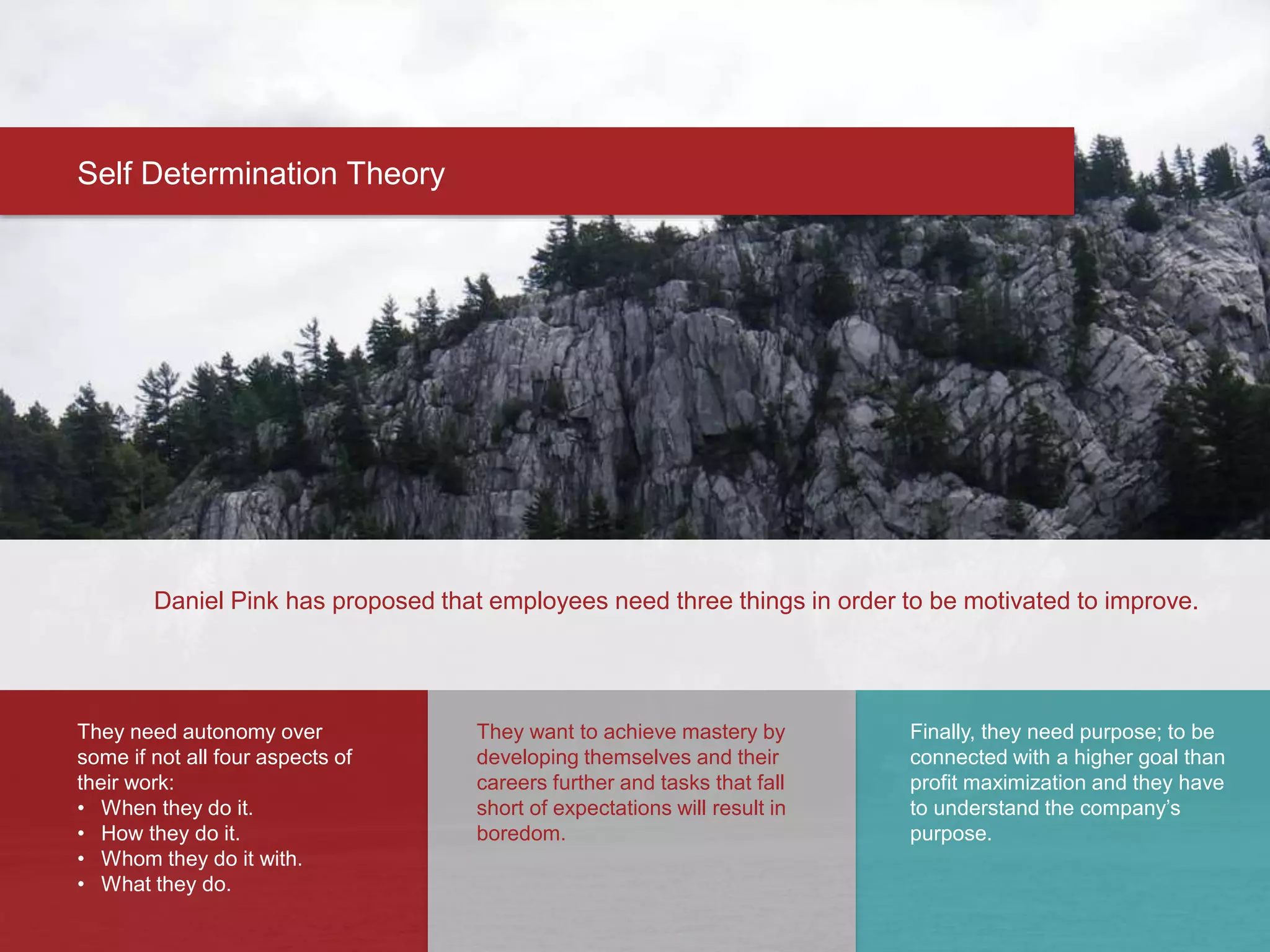Self Determination Theory
Daniel Pink has proposed that employees need three things in order to be motivated to improve.
They need autonomy over
some if not all four aspects of
their work:
• When they do it.
• How they do it.
• Whom they do it with.
• What they do.
They want to achieve mastery by
developing themselves and their
careers further and tasks that fall
short of expectations will result in
boredom.
Finally, they need purpose; to be
connected with a higher goal than
profit maximization and they have
to understand the company’s
purpose.
 