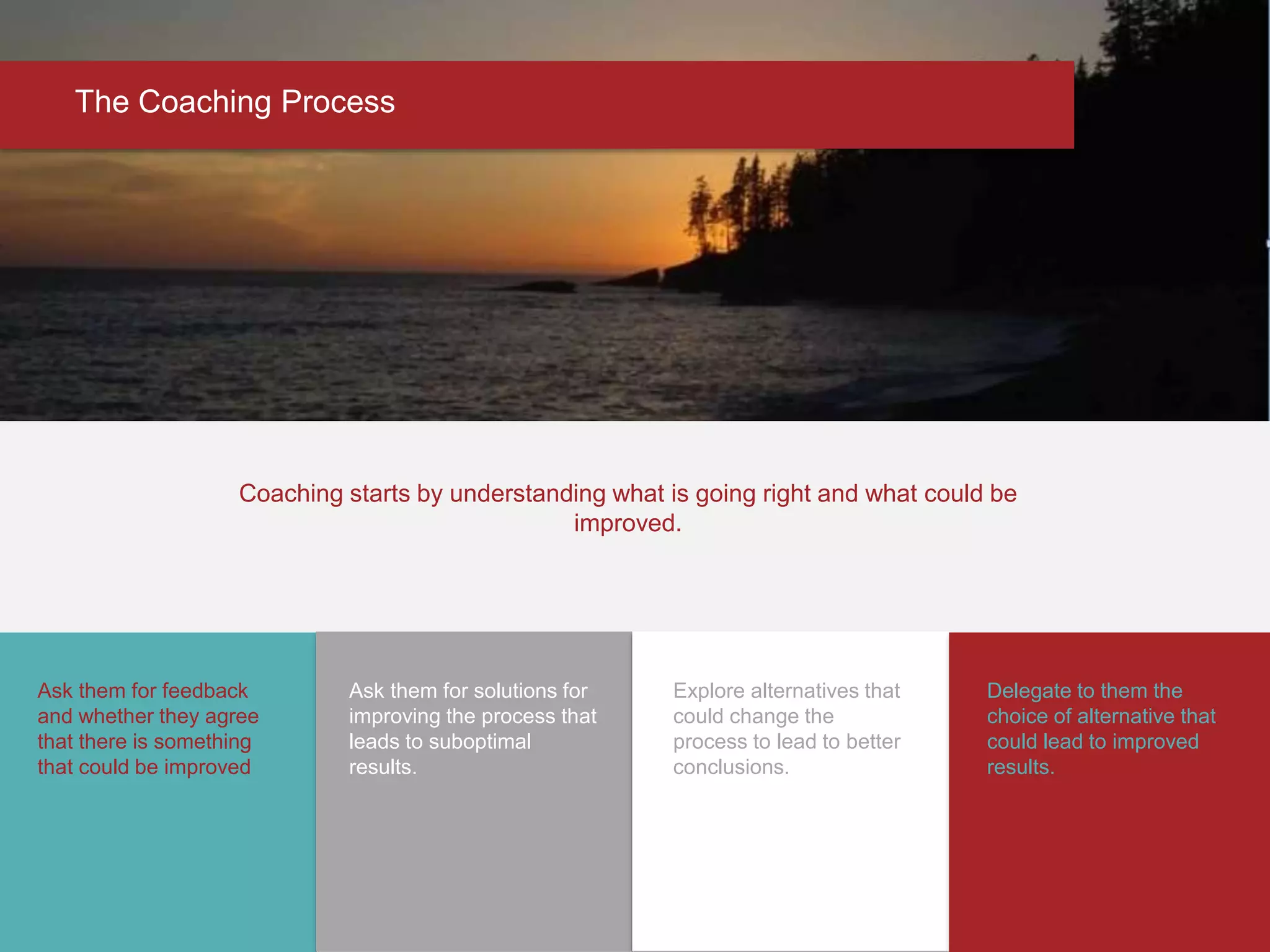 Ask them for feedback
and whether they agree
that there is something
that could be improved
Ask them for solutions for
improving the process that
leads to suboptimal
results.
Explore alternatives that
could change the
process to lead to better
conclusions.
Delegate to them the
choice of alternative that
could lead to improved
results.
Coaching starts by understanding what is going right and what could be
improved.
The Coaching Process
 