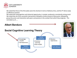 Albert Bandura
Social Cognitive Learning Theory
• Knowledge
transfer
• Self Awareness
“Verbal
persuasion”
• Vicarious
Learning
• Role models
“Social
modelling” • Mastery
experiences
“Self-efficacy”
We noted that three of the NS studies were the shortest in terms of delivery time, and the 4th (Aries study
2) offered no practice
We noted that metacognition and rehearsal opportunity, in context, produced a consistently strong result
We noted that all of the successful interventions followed a similar process of discussion, followed by
group discussion and interaction with peers and practice in the context from which they originate. This
reminded us of……
 