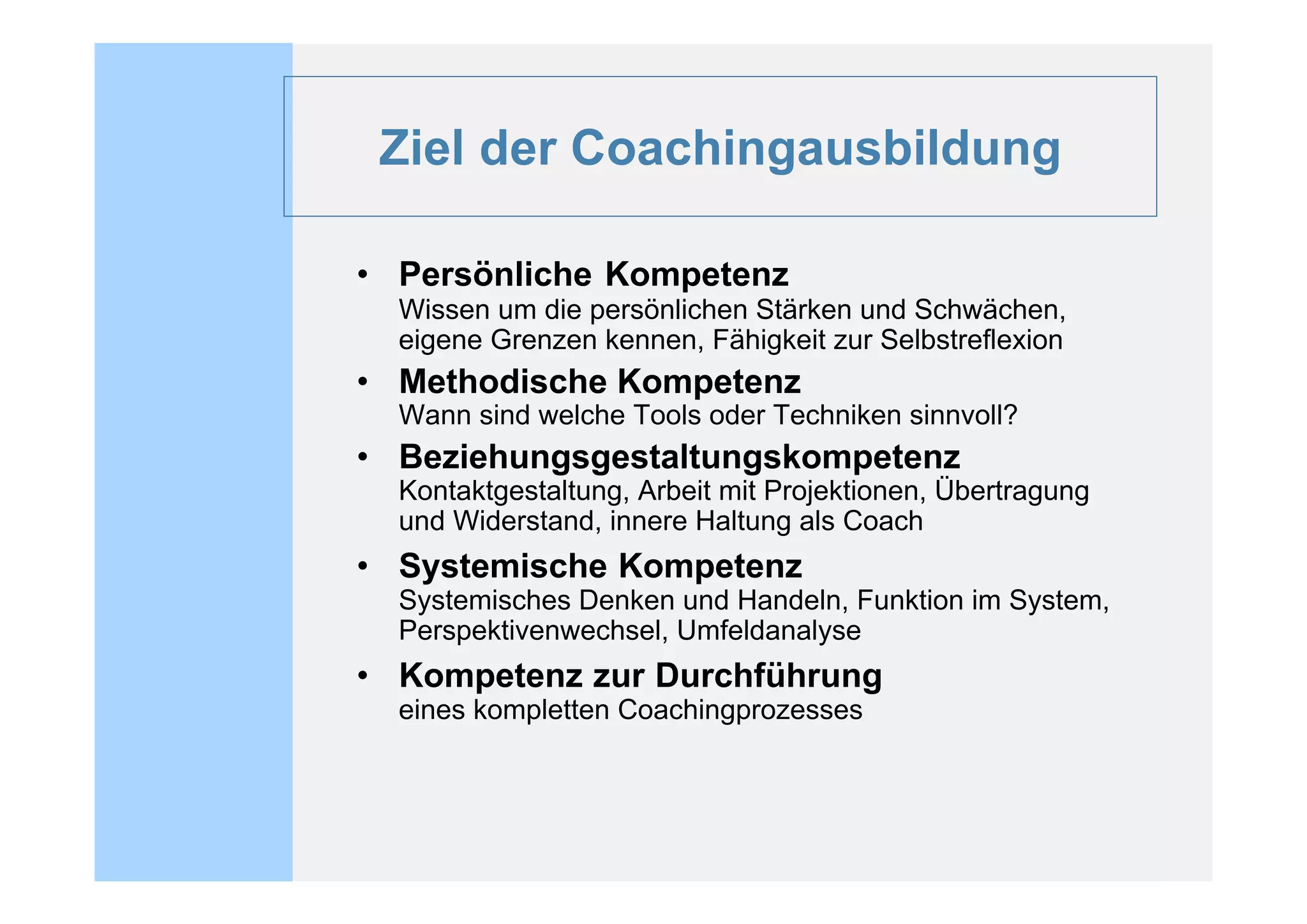 Ziel der Coachingausbildung

• Persönliche Kompetenz
  Wissen um die persönlichen Stärken und Schwächen,
  eigene Grenzen kennen, Fähigkeit zur Selbstreflexion
• Methodische Kompetenz
  Wann sind welche Tools oder Techniken sinnvoll?
• Beziehungsgestaltungskompetenz
  Kontaktgestaltung, Arbeit mit Projektionen, Übertragung
  und Widerstand, innere Haltung als Coach
• Systemische Kompetenz
  Systemisches Denken und Handeln, Funktion im System,
  Perspektivenwechsel, Umfeldanalyse
• Kompetenz zur Durchführung
  eines kompletten Coachingprozesses
 