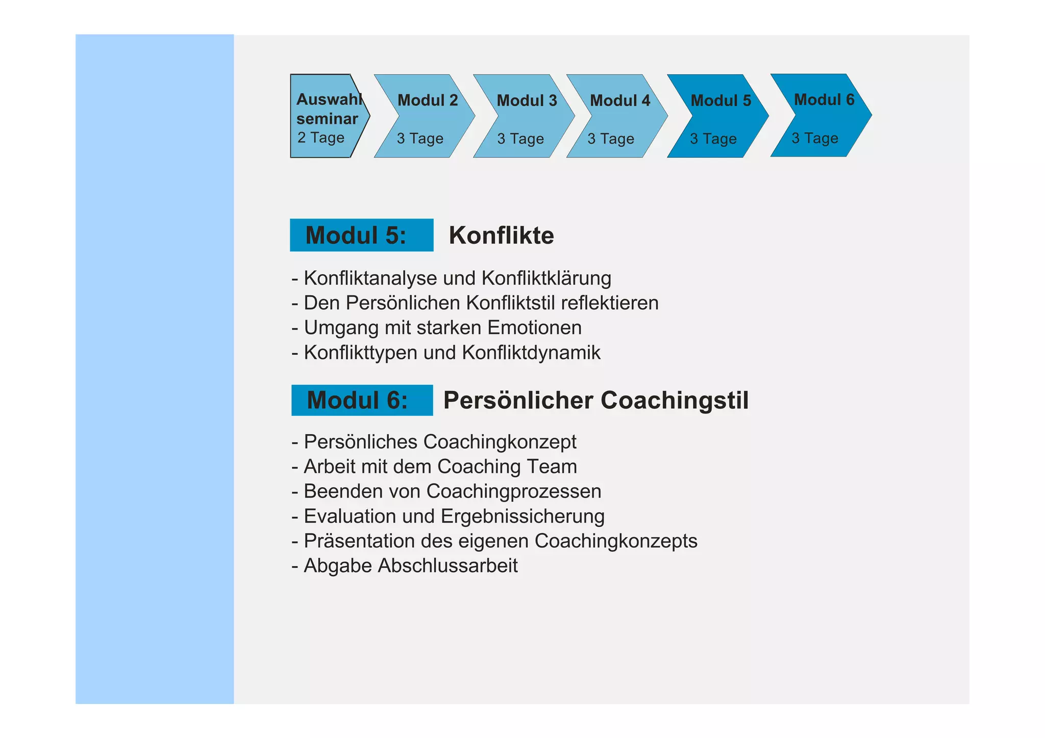 Auswahl     Modul 2      Modul 3   Modul 4     Modul 5   Modul 6
seminar
2 Tage      3 Tage       3 Tage    3 Tage      3 Tage    3 Tage




 Modul 5:            Konflikte
- Konfliktanalyse und Konfliktklärung
- Den Persönlichen Konfliktstil reflektieren
- Umgang mit starken Emotionen
- Konflikttypen und Konfliktdynamik

 Modul 6:         Persönlicher Coachingstil
- Persönliches Coachingkonzept
- Arbeit mit dem Coaching Team
- Beenden von Coachingprozessen
- Evaluation und Ergebnissicherung
- Präsentation des eigenen Coachingkonzepts
- Abgabe Abschlussarbeit
 
