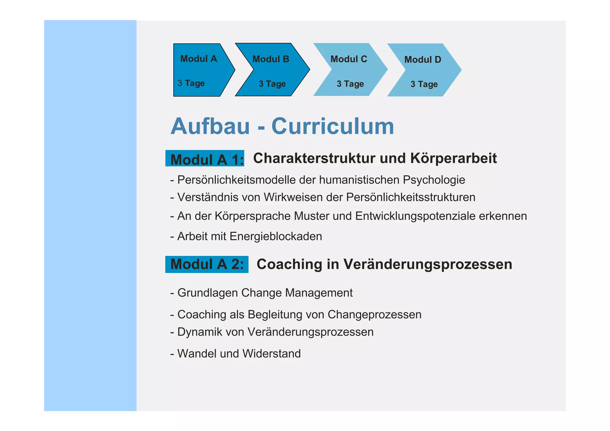 Modul A       Modul B          Modul C     Modul D

 3 Tage         3 Tage           3 Tage      3 Tage




Aufbau - Curriculum
Modul A 1: Charakterstruktur und Körperarbeit
- Persönlichkeitsmodelle der humanistischen Psychologie
- Verständnis von Wirkweisen der Persönlichkeitsstrukturen
- An der Körpersprache Muster und Entwicklungspotenziale erkennen
- Arbeit mit Energieblockaden

Modul A 2: Coaching in Veränderungsprozessen
- Grundlagen Change Management
- Coaching als Begleitung von Changeprozessen
- Dynamik von Veränderungsprozessen
- Wandel und Widerstand
 