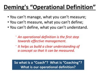 Deming's “Operational Definition”
⁻ An operational definition is the first step
towards effective management.
⁻ It helps us build a clear understanding of
a concept so that it can be measured.
• You can’t manage, what you can’t measure;
• You can’t measure, what you can’t define;
• You can’t define, what you can’t understand.
So what is a “Coach”? What is “Coaching”?
What is our operational definition?
 