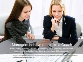 Managers behave more like a Coach
Hear, clarify by open –ended questioning to understand information
pertaining to individual needs of an employee to be coached
Image source credited to http://www.urbanewomen.com/images/7healthbenefitsofstrengthtrainingyoumustknow-
helpsyouconcentratebetteratwork.jpg
 