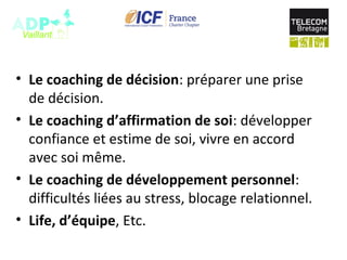 • Le coaching de décision: préparer une prise
de décision.
• Le coaching d’affirmation de soi: développer
confiance et estime de soi, vivre en accord
avec soi même.
• Le coaching de développement personnel:
difficultés liées au stress, blocage relationnel.
• Life, d’équipe, Etc.
 