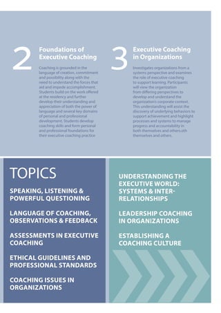 Foundations of
Executive Coaching
Coaching is grounded in the
language of creation, commitment
and possibility along with the
need to understand the forces that
aid and impede accomplishment.
Students build on the work offered
at the residency and further
develop their understanding and
appreciation of both the power of
language and several key domains
of personal and professional
development. Students develop
coaching skills and form personal
and professional foundations for
their executive coaching practice
Executive Coaching
in Organizations
Investigates organizations from a
systems perspective and examines
the role of executive coaching
to support learning. Participants
will view the organization
from differing perspectives to
develop and understand the
organization’s corporate context.
This understanding will assist the
discovery of underlying behaviors to
support achievement and highlight
processes and systems to manage
progress and accountability in
both themselves and others.oth
themselves and others.
TOPICS
SpEakiNg, LiSTENiNg &
pOwERFUL QUESTiONiNg
LaNgUagE OF COaChiNg,
OBSERvaTiONS & FEEdBaCk
aSSESSmENTS iN ExECUTivE
COaChiNg
EThiCaL gUidELiNES aNd
pROFESSiONaL STaNdaRdS
COaChiNg iSSUES iN
ORgaNizaTiONS
UNdERSTaNdiNg ThE
ExECUTivE wORLd:
SySTEmS & iNTER-
RELaTiONShipS
LEadERShip COaChiNg
iN ORgaNizaTiONS
ESTaBLiShiNg a
COaChiNg CULTURE
 