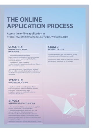 THE oNLINE
aPPLICaTIoN ProCESS
Access the online application at
https://myadmin.royalroads.ca/Pages/welcome.aspx
STagE 1 (a)
oNLINE aPPLICaTIoN
HIgHLIgHTS
STagE 3
PaymENT of fEES
1. Access the online application form
https://myadmin.royalroads.ca/Pages/welcome.aspx
2. Create an account by choosing“RRU MyAdmin
Account”as“Agency”
3. Enter Agency Code as“20006089”
4. In the Credential Evaluation section, Choose“Submit a
$116 credential evaluation...”
* Choose“Authorization Code”and enter“APPWVIN”
(This fee will be waived for Soil)Applicant will receive an
email acknowledgement for successful submission of
application.
STagE 1 (B)
offLINE aPPLICaTIoN
1. Applicant submits scanned copies of official
transcripts, personal statement, letters of reference
and resume to RRU admissions team
2. Applicant receives an email confirmation on
completion of application
STagE 2
aSSESSmENT of aPPLICaTIoN
1. Post credential validation and assessment, applicant
receives an email with“Conditional Offer”
2. Signed acceptance letter needs to be sent as a
scanned copy to the RRU admissions team
* Conditional offer will be finalized after submission
of official documents and fees of the program. Official
documents need to be sent via post to the admission team
in a sealed envelope.
Application assessment will take approximately 2 weeks.
1. Post acceptance of offer from applicant, he/she
receives an email with fees payment details
2. Post receipt of fees, applicant will receive an email
with details of registration for the program
 