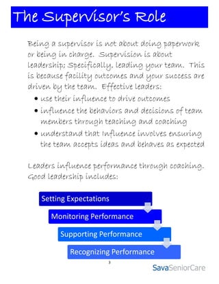 The Supervisor’s Role
  Being a supervisor is not about doing paperwork
  or being in charge. Supervision is about
  leadership; Specifically, leading your team. This
  is because facility outcomes and your success are
  driven by the team. Effective leaders:
     use their influence to drive outcomes
     influence the behaviors and decisions of team
      members through teaching and coaching
     understand that Influence involves ensuring
      the team accepts ideas and behaves as expected

  Leaders influence performance through coaching.
  Good leadership includes:

     Setting Expectations

        Monitoring Performance

           Supporting Performance

             Recognizing Performance
                        3
 
