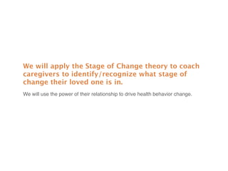 We will apply the Stage of Change theory to coach
caregivers to identify/recognize what stage of
change their loved one is in.
We will use the power of their relationship to drive health behavior change.
 