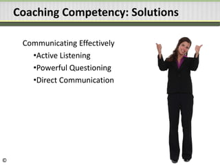 Communicating Effectively
•Active Listening
•Powerful Questioning
•Direct Communication
Coaching Competency: Solutions
©
 
