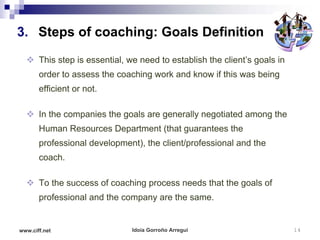 3. Steps of coaching: Goals Definition
   This step is essential, we need to establish the client’s goals in
       order to assess the coaching work and know if this was being
       efficient or not.

   In the companies the goals are generally negotiated among the
       Human Resources Department (that guarantees the
       professional development), the client/professional and the
       coach.

   To the success of coaching process needs that the goals of
       professional and the company are the same.


www.ciff.net                  Idoia Gorroño Arregui                      14
 