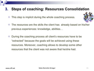 3. Steps of coaching: Resources Consolidation

   This step is implicit during the whole coaching process.

   The resources are the skills the client has already based on his/her
       previous experiences: knowledge, abilities…

   During the coaching process all client’s resources have to be
       “extracted” because the goals will be achieved using these
       resources. Moreover, coaching allows to develop some other
       resources that the client was not aware that he/she had.




www.ciff.net                  Idoia Gorroño Arregui                  16
 