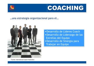 • Desarrollo de Líderes Coach
• Desarrollo de Liderazgo de las
Estrellas del Equipo
• Desarrollo de Sinergia para
Trabajar en Equipo
…una estrategia organizacional para el…
Fuente: International Coach Federation
 