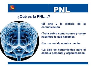 • El arte y la ciencia de la
comunicación
• Trata sobre como somos y como
hacemos lo que hacemos
• Un manual de nuestra mente
• La caja de herramientas para el
cambio personal y organizacional
¿Qué es la PNL…?
 