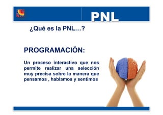 PROGRAMACIÓN:
Un proceso interactivo que nos
permite realizar una selección
muy precisa sobre la manera que
pensamos , hablamos y sentimos
¿Qué es la PNL…?
 