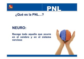 NEURO:
Recoge todo aquello que ocurre
en el cerebro y en el sistema
nervioso
¿Qué es la PNL…?
 