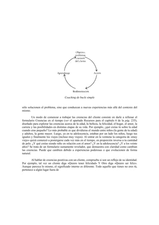 Coaching de bucle simple
sólo solucionen el problema, sino que conduzcan a nuevas experiencias más allá del contexto del
mismo.
Un modo de comenzar a trabajar las creencias del cliente consiste en darle a rellenar el
formulario Creencias en el tiempo (ver el apartado Recursos para el capítulo 6 de la pág. 235),
diseñado para explorar las creencias acerca de la edad, la belleza, la felicidad, el hogar, el amor, la
carrera y las posibilidades en distintas etapas de su vida. Por ejemplo, ¿qué creías tú sobre la edad
cuando eras pequeño? Lo más probable es que dividieras el mundo entre niños (la gente de tu edad)
y adultos, la gente mayor. Luego, ya en tu adolescencia, estaban por un lado los niños, luego tus
iguales y finalmente los viejos (incluso muy viejos). Al entrar en la veintena la categoría de «muy
viejo» quizá comenzó a postergarse cada vez más en el tiempo, en proporción inversa a tu cantidad
de pelo. ¿Y qué creías siendo niño en relación con el amor? ¿Y en la adolescencia? ¿Y a los veinte
años? Se trata de un formulario sumamente revelador, que demuestra con claridad como cambian
las creencias. Puede que cambien debido a experiencias poderosas o que evolucionen de forma
natural.
Al hablar de creencias positivas con un cliente, comprueba si son un reflejo de su identidad.
Por ejemplo, tal vez un cliente diga «Quiero tener felicidad» Y Otro diga «Quiero ser feliz».
Aunque parezca lo mismo, el significado interno es diferente. Todo aquello que tienes no eres tú,
pertenece a algún lugar fuera de
 