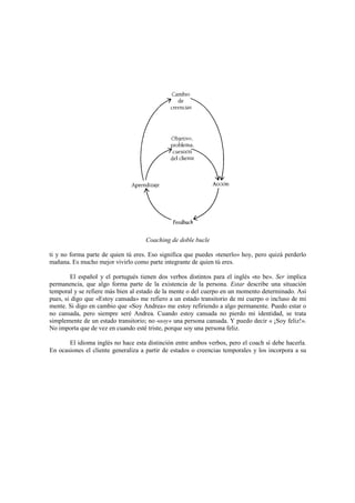Coaching de doble bucle
ti y no forma parte de quien tú eres. Eso significa que puedes «tenerlo» hoy, pero quizá perderlo
mañana. Es mucho mejor vivirlo como parte integrante de quien tú eres.
El español y el portugués tienen dos verbos distintos para el inglés «to be». Ser implica
permanencia, que algo forma parte de la existencia de la persona. Estar describe una situación
temporal y se refiere más bien al estado de la mente o del cuerpo en un momento determinado. Así
pues, si digo que «Estoy cansada» me refiero a un estado transitorio de mi cuerpo o incluso de mi
mente. Si digo en cambio que «Soy Andrea» me estoy refiriendo a algo permanente. Puedo estar o
no cansada, pero siempre seré Andrea. Cuando estoy cansada no pierdo mi identidad, se trata
simplemente de un estado transitorio; no «soy» una persona cansada. Y puedo decir « ¡Soy feliz!».
No importa que de vez en cuando esté triste, porque soy una persona feliz.
El idioma inglés no hace esta distinción entre ambos verbos, pero el coach sí debe hacerla.
En ocasiones el cliente generaliza a partir de estados o creencias temporales y los incorpora a su
 
