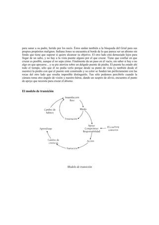 para sanar a su padre, herido por los nazis. Éstos andan también a la búsqueda del Grial para sus
propios propósitos malignos. Indiana Jones se encuentra al borde de lo que parece ser un abismo sin
fondo que tiene que superar si quiere alcanzar su objetivo. El otro lado está demasiado lejos para
llegar de un salto, y no hay a la vista puente alguno por el que cruzar. Tiene que confiar en que
cruzar es posible, aunque el no sepa cómo. Finalmente da un paso en el vacío, sin saber si hay o no
algo en que apoyarse... y su pie aterriza sobre un delgado puente de piedra. El puente ha estado ahí
todo el tiempo, sólo que él no podía verlo porque desde su punto de vista (y también desde el
nuestro) la piedra con que el puente está construido y su color se funden tan perfectamente con las
rocas del otro lado que resulta imposible distinguirlo. Tan sólo podemos percibirlo cuando la
cámara toma otro ángulo de visión y nuestro héroe, dando un suspiro de alivio, encuentra el punto
de apoyo que necesita para cruzar el abismo.
El modelo de transición
Modelo de transición
 