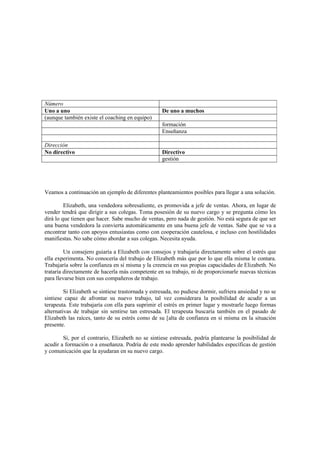 Número
Uno a uno De uno a muchos
(aunque también existe el coaching en equipo)
formación
Enseñanza
Dirección
No directivo Directivo
gestión
Veamos a continuación un ejemplo de diferentes planteamientos posibles para llegar a una solución.
Elizabeth, una vendedora sobresaliente, es promovida a jefe de ventas. Ahora, en lugar de
vender tendrá que dirigir a sus colegas. Toma posesión de su nuevo cargo y se pregunta cómo les
dirá lo que tienen que hacer. Sabe mucho de ventas, pero nada de gestión. No está segura de que ser
una buena vendedora la convierta automáticamente en una buena jefe de ventas. Sabe que se va a
encontrar tanto con apoyos entusiastas como con cooperación cautelosa, e incluso con hostilidades
manifiestas. No sabe cómo abordar a sus colegas. Necesita ayuda.
Un consejero guiaría a Elizabeth con consejos y trabajaría directamente sobre el estrés que
ella experimenta. No conocería del trabajo de Elizabeth más que por lo que ella misma le contara.
Trabajaría sobre la confianza en sí misma y la creencia en sus propias capacidades de Elizabeth. No
trataría directamente de hacerla más competente en su trabajo, ni de proporcionarle nuevas técnicas
para llevarse bien con sus compañeros de trabajo.
Si Elizabeth se sintiese trastornada y estresada, no pudiese dormir, sufriera ansiedad y no se
sintiese capaz de afrontar su nuevo trabajo, tal vez considerara la posibilidad de acudir a un
terapeuta. Este trabajaría con ella para suprimir el estrés en primer lugar y mostrarle luego formas
alternativas de trabajar sin sentirse tan estresada. El terapeuta buscaría también en el pasado de
Elizabeth las raíces, tanto de su estrés como de su [alta de confianza en sí misma en la situación
presente.
Si, por el contrario, Elizabeth no se sintiese estresada, podría plantearse la posibilidad de
acudir a formación o a enseñanza. Podría de este modo aprender habilidades específicas de gestión
y comunicación que la ayudaran en su nuevo cargo.
 