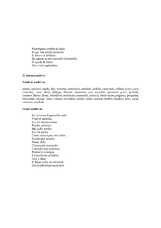 Sin ninguna sombra de duda
Tengo una visión pesimista.
El futuro es brillante.
De repente se me encendió la bombilla.
El ojo de la mente.
Una visión reparadora.
El sistema auditivo
Palabras auditivas
acento, acústico, agudo, alto, armonía, armonioso, aturdido, audible, cacareado, callado, claro, click,
comentar, croar, decir, diálogo, discutir, disonante, eco, escuchar, gimotear, gritar, gruñido,
lamento, llamar, llorar, melodioso, monótono, murmullo, musical, observación, pregunta, preguntar,
proclamar, resonar, ritmo, silencio, sin habla, sonido, sordo, suspirar, timbre, tonadilla, tono, vocal,
volumen, zumbido
Frases auditivas
En la misma longitud de onda.
Vivir en armonía.
Eso me suena a chino.
Mucho palabreo.
Haz oídos sordos.
Eso me suena.
Como música para mis oídos.
Palabra por palabra.
Nunca oído.
Claramente expresado.
Conceder una audiencia.
Muérdete la lengua.
Es una forma de hablar.
Alto y claro.
El lugar bullía de actividad.
Una condición pronunciada.
 