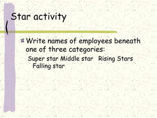 Star activity Write names of employees beneath one of three categories: Super star Middle star Rising Stars Falling star 