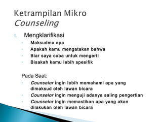 1. Mengklarifikasi
◦ Maksudmu apa
◦ Apakah kamu mengatakan bahwa
◦ Biar saya coba untuk mengerti
◦ Bisakah kamu lebih spesifik
Pada Saat:
◦ Counselor ingin lebih memahami apa yang
dimaksud oleh lawan bicara
◦ Counselor ingin menguji adanya saling pengertian
◦ Counselor ingin memastikan apa yang akan
dilakukan oleh lawan bicara
 