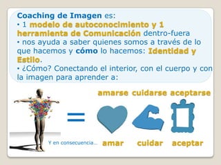 Coaching de Imagen es:
• 1 modelo de autoconocimiento y 1
herramienta de Comunicación dentro-fuera
• nos ayuda a saber quienes somos a través de lo
que hacemos y cómo lo hacemos: Identidad y
Estilo.
• ¿Cómo? Conectando el interior, con el cuerpo y con
la imagen para aprender a:

                             amarse cuidarse aceptarse



             =
        Y en consecuencia…    amar   cuidar   aceptar
 