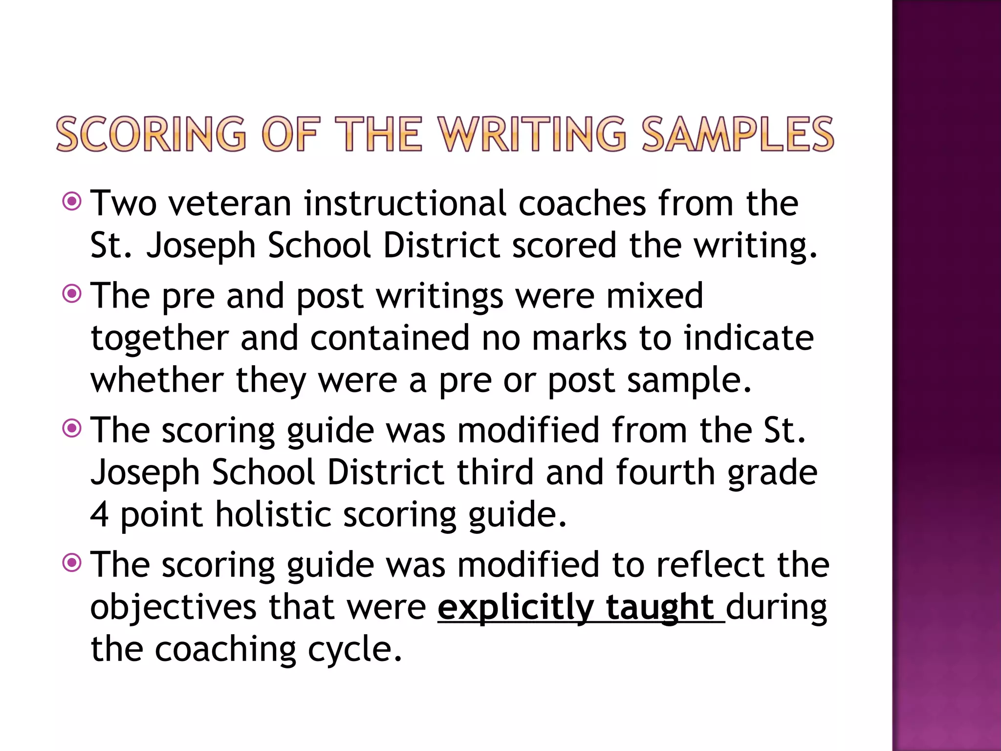 Two veteran instructional coaches from the St. Joseph School District scored the writing.  The pre and post writings were mixed together and contained no marks to indicate whether they were a pre or post sample.  The scoring guide was modified from the St. Joseph School District third and fourth grade 4 point holistic scoring guide.  The scoring guide was modified to reflect the objectives that were  explicitly taught  during the coaching cycle.  