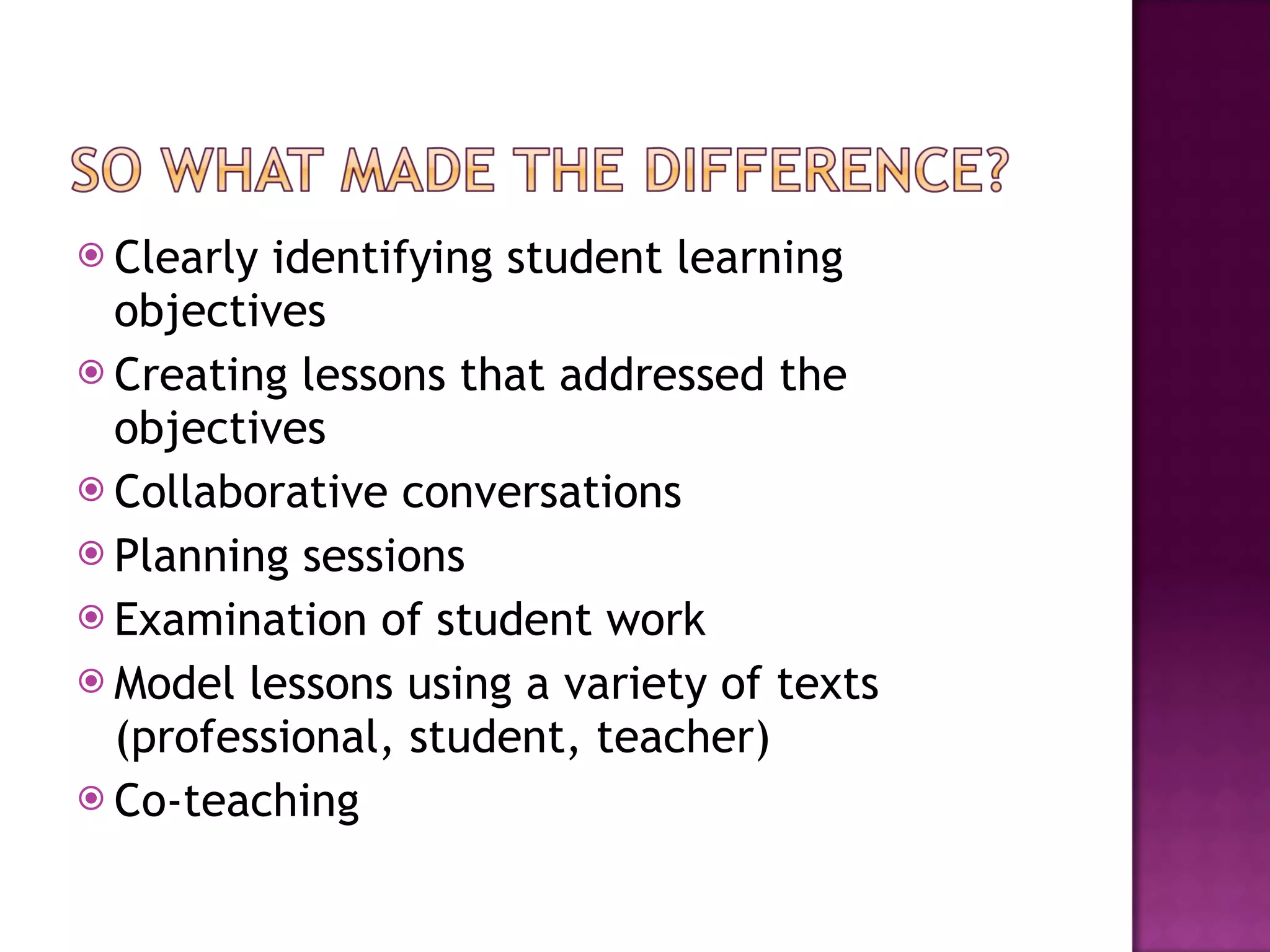 Clearly identifying student learning objectives  Creating lessons that addressed the objectives Collaborative conversations Planning sessions  Examination of student work  Model lessons using a variety of texts (professional, student, teacher) Co-teaching  