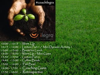 #coachilegra




10:00 – 10:15   – Warm Up
10:15 - 12:00   - Lecture Part 1 / Mini Dynamic Activity 1
12:00 - 13:00   - Break for Lunch
13:00 - 13:30   – Warm Up / Mini-Game
13:30 - 14:40   - Lecture Part 2
14:40 - 15:00   – Coffee Break
15:00 - 16:00   - Fish Bowl
16:00 – 17:30   - Coaching Game
17:30 - 18:00   - Retrospective
 
