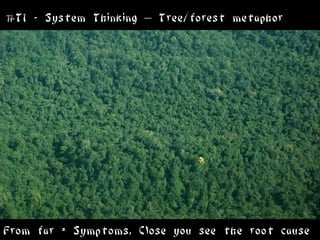 #T1 - System Thinking – Tree/forest metaphor




From far = Symptoms, Close you see the root cause
 