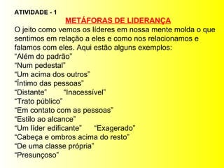 ATIVIDADE - 1 METÁFORAS DE LIDERANÇA O jeito como vemos os líderes em nossa mente molda o que sentimos em relação a eles e como nos relacionamos e falamos com eles. Aqui estão alguns exemplos: “ Além do padrão” “ Num pedestal” “ Um acima dos outros” “ Íntimo das pessoas” “ Distante”  “Inacessível” “ Trato público” “ Em contato com as pessoas” “ Estilo ao alcance” “ Um líder edificante”  “Exagerado” “ Cabeça e ombros acima do resto” “ De uma classe própria” “ Presunçoso” 