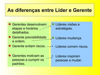 Gerentes desenvolvem etapas e horários detalhados. Gerente previsibilidade e ordem. Gerente evitam riscos. Gerentes motivam as pessoas a cumprir os padrões. Lideres visões e estratégias. Lideres mudança. Lideres correm riscos. Lideres inspiram pessoas a mudar. As diferenças entre Líder e Gerente 