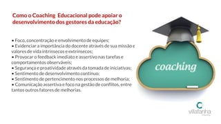 Como o Coaching Educacional pode apoiar o
desenvolvimento dos gestores da educação?
• Foco, concentração e envolvimento de equipes;
• Evidenciar a importância do docente através de sua missão e
valores de vida intrínsecos e extrínsecos;
• Provocar o feedback imediato e assertivo nas tarefas e
comportamentos observáveis;
• Segurança e proatividade através da tomada de iniciativas;
• Sentimento de desenvolvimento contínuo;
• Sentimento de pertencimento nos processos de melhoria;
• Comunicação assertiva e foco na gestão de conflitos, entre
tantos outros fatores de melhorias.
 