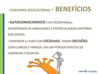 COACHING EDUCACIONAL - BENEFÍCIOS
• AUTOCONHECIMENTO E AUTOCONFIANÇA,
DESPERTANDO AS HABILIDADES E POTENCIALIDADES INTERNAS
DOS JOVENS.
• APRENDER A LIDAR COM ESCOLHAS; TOMAR DECISÕES
COM CLAREZA E FIRMEZA, EM UM PERÍODO REPLETO DE
CAMINHOS E DESAFIOS.
 