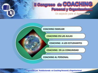 COACHING FAMILIAR

  COACHING EN LAS AULAS

     COACHING A LOS ESTUDIANTES

  COACHING EN LA COMUNIDAD

COACHING AL PERSONAL
 