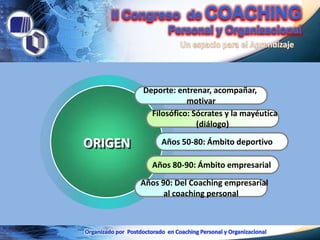 Deporte: entrenar, acompañar,
                     motivar
           Filosófico: Sócrates y la mayéutica
                        (diálogo)

ORIGEN        Años 50-80: Ámbito deportivo

           Años 80-90: Ámbito empresarial

         Años 90: Del Coaching empresarial
               al coaching personal
 
