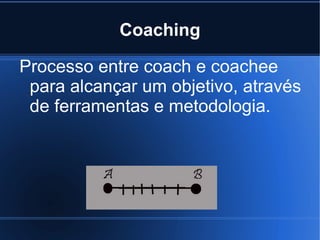 Coaching Processo entre coach e coachee para alcançar um objetivo, através de ferramentas e metodologia. 