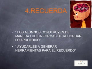 4.RECUERDA
• “ LOS ALUMNOS CONSTRUYEN DE
MANERA LÚDICA FORMAS DE RECORDAR
LO APRENDIDO”
• “ AYUDARLES A GENERAR
HERRAMIENTAS PARA EL RECUERDO”
 