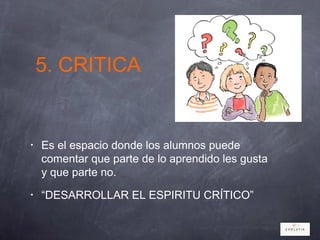 5. CRITICA
• Es el espacio donde los alumnos puede
comentar que parte de lo aprendido les gusta
y que parte no.
• “DESARROLLAR EL ESPIRITU CRÍTICO”
 