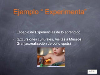 Ejemplo “ Experimenta”
• Espacio de Experiencias de lo aprendido.
• (Excursiones culturales, Visitas a Museos,
Granjas,realización de corto,spots)
 