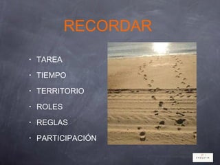 RECORDAR
• TAREA
• TIEMPO
• TERRITORIO
• ROLES
• REGLAS
• PARTICIPACIÓN
 