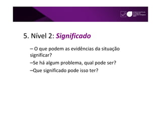 5. Nível 2: Significado
  – O que podem as evidências da situação
  significar?
  –Se há algum problema, qual pode ser?
  –Que significado pode isso ter?
 