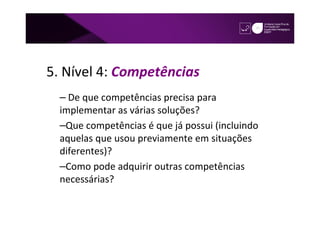 5. Nível 4: Competências
  – De que competências precisa para
  implementar as várias soluções?
  –Que competências é que já possui (incluindo
  aquelas que usou previamente em situações
  diferentes)?
  –Como pode adquirir outras competências
  necessárias?
 