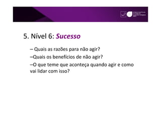 5. Nível 6: Sucesso
  – Quais as razões para não agir?
  –Quais os benefícios de não agir?
  –O que teme que aconteça quando agir e como
  vai lidar com isso?
 