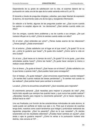 Formación Permanente                                        ©MAGISTER/MELC                                           Coaching educativo 
 
  66
Dependiendo de su grado de satisfacción con la vida, el coachee deberá dar su
puntuación en cada una de los ejes de la rueda variando entre el 0 y el 10.
El docente a través de preguntas dirigidas y abiertas, para dejar libertad de expresión
al alumno, irá recorriendo cada uno de los ejes y recogiendo información.
En relación a la familia, algunas de las preguntas pueden ser: ¿Qué ocurre cuando
tus padres no aceptan alguna de tus decisiones? ¿Qué sientes cuando estás con
ellos?
Con los amigos, cuando tiene problemas y se los cuenta a sus amigos: ¿De qué
manera influyen en tu vida? ¿Cómo te sientes cuando estás con ellos?
En el amor: ¿Qué entiendes por amor? ¿Tienes dudas acerca de las relaciones?
¿Tienes pareja? ¿Estás enamorado?
En el entorno: ¿Estás satisfecho con el lugar en el que vives? ¿Te gusta? Si no es
así, ¿cómo te gustaría que fuese? ¿Te gusta otra ciudad? ¿Cómo sería tu vida en
otra ciudad?
En el ocio: ¿Qué haces en tu tiempo de ocio? ¿Te gusta? Si no te gusta, ¿qué otras
actividades podrás hacer? ¿Cómo las harás? ¿Te gusta hacer siempre lo mismo o
realizar cosas diferentes?
Con el dinero: ¿Te gusta el dinero? ¿Qué haces con el dinero? ¿Estás satisfecho con
lo que tienes o quieres más? ¿Qué puedes hacer para conseguirlo?
Con el trabajo: ¿Te gusta trabajar? ¿Qué emociones experimentas cuando trabajas?
¿Te sientes feliz cuando realizas las tareas pendientes? ¿ Te sientes mal cuando no
las realizas? ¿Qué podrás hacer para cambiar tu emoción?
La salud: ¿Cómo te encuentras actualmente? ¿Qué necesitas para mejorarla?
El crecimiento personal: ¿Qué necesitas para mejorar tu proyecto de vida? ¿Has
hecho todo aquello que siempre has querido hacer, y qué nunca has podido realizar?
¿Necesitas hacerlo para mejorar tu crecimiento personal? ¿Si lo haces mejorará tu
actitud hacía la vida?
Una vez finalizada y en función de las características individuales de cada alumno, la
rueda puede ser perfecta en todos sus ejes o no. Para que el proceso de coachee
tenga éxito, nosotros como coach tendremos que indagar y profundizar realizando las
siguientes preguntas: ¿Qué ha pasando? ¿Qué es lo que necesita? ¿Te sientes
sorprendido con los resultados obtenidos? ¿Puedes hacer cambios sin ayuda? ¿Qué
áreas o ejes te gustaría mejorar? ¿Cómo te verías si la puntuación hubiera sido
distinta, más cercana al 10? …
 