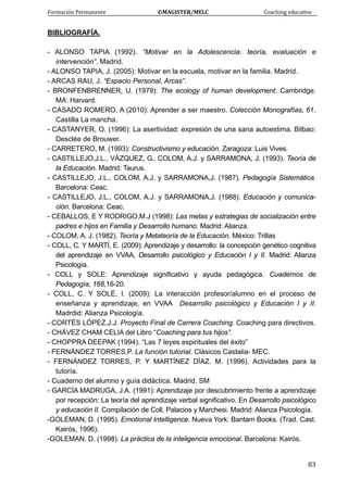 Formación Permanente                                        ©MAGISTER/MELC                                           Coaching educativo 
 
  83
BIBLIOGRAFÍA.
- ALONSO TAPIA (1992). “Motivar en la Adolescencia: teoría, evaluación e
intervención”. Madrid.
- ALONSO TAPIA, J. (2005): Motivar en la escuela, motivar en la familia. Madrid.
- ARCAS RAU, J. “Espacio Personal, Arcas”.
- BRONFENBRENNER, U. (1979): The ecology of human development. Cambridge.
MA: Harvard.
- CASADO ROMERO, A (2010): Aprender a ser maestro. Colección Monografías, 61.
Castilla La mancha.
- CASTANYER, O. (1996): La asertividad: expresión de una sana autoestima. Bilbao:
Desclée de Brouwer.
- CARRETERO, M. (1993): Constructivismo y educación. Zaragoza: Luis Vives.
- CASTILLEJO,J.L., VÁZQUEZ, G., COLOM, A.J. y SARRAMONA, J. (1993). Teoría de
la Educación. Madrid: Taurus.
- CASTILLEJO, J.L., COLOM, A.J. y SARRAMONA,J. (1987). Pedagogía Sistemática.
Barcelona: Ceac.
- CASTILLEJO, J.L., COLOM, A.J. y SARRAMONA,J. (1988). Educación y comunica-
ción. Barcelona: Ceac.
- CEBALLOS, E Y RODRIGO,M.J (1998): Las metas y estrategias de socialización entre
padres e hijos en Familia y Desarrollo humano. Madrid: Alianza.
- COLOM, A. J. (1982). Teoría y Metateoría de la Educación. México: Trillas
- COLL, C. Y MARTÍ, E. (2009): Aprendizaje y desarrollo: la concepción genético cognitiva
del aprendizaje en VVAA, Desarrollo psicológico y Educación I y II. Madrid: Alianza
Psicología.
- COLL y SOLE: Aprendizaje significativo y ayuda pedagógica. Cuadernos de
Pedagogía, 168,16-20.
- COLL, C. Y SOLÉ, I. (2009): La interacción profesor/alumno en el proceso de
enseñanza y aprendizaje, en VVAA Desarrollo psicológico y Educación I y II.
Madrdid: Alianza Psicología.
- CORTÉS LÓPEZ,J.J. Proyecto Final de Carrera Coaching. Coaching para directivos.
- CHÁVEZ CHAM CELIA del Libro “Coaching para tus hijos”.
- CHOPPRA DEEPAK (1994). “Las 7 leyes espirituales del éxito”
- FERNÁNDEZ TORRES,P. La función tutorial. Clásicos Castalia- MEC.
- FERNÁNDEZ TORRES, P. Y MARTÍNEZ DÍAZ. M. (1996). Actividades para la
tutoría.
- Cuaderno del alumno y guía didáctica. Madrid. SM
- GARCÍA MADRUGA, J.A. (1991): Aprendizaje por descubrimiento frente a aprendizaje
por recepción: La teoría del aprendizaje verbal significativo. En Desarrollo psicológico
y educación II. Compilación de Coll, Palacios y Marchesi. Madrid: Alianza Psicología.
-GOLEMAN, D. (1995). Emotional Intelligence. Nueva York: Bantam Books. (Trad. Cast.
Kairós, 1996).
-GOLEMAN, D. (1998). La práctica de la inteligencia emocional. Barcelona: Kairós.
 