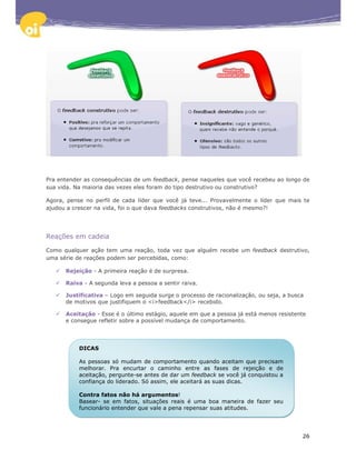 Pra entender as consequências de um feedback, pense naqueles que você recebeu ao longo de
sua vida. Na maioria das vezes eles foram do tipo destrutivo ou construtivo?

Agora, pense no perfil de cada líder que você já teve... Provavelmente o líder que mais te
ajudou a crescer na vida, foi o que dava feedbacks construtivos, não é mesmo?!




Reações em cadeia

Como qualquer ação tem uma reação, toda vez que alguém recebe um feedback destrutivo,
uma série de reações podem ser percebidas, como:

      Rejeição - A primeira reação é de surpresa.

      Raiva - A segunda leva a pessoa a sentir raiva.

      Justificativa – Logo em seguida surge o processo de racionalização, ou seja, a busca
      de motivos que justifiquem o <i>feedback</i> recebido.

      Aceitação - Esse é o último estágio, aquele em que a pessoa já está menos resistente
      e consegue refletir sobre a possível mudança de comportamento.




           DICAS

           As pessoas só mudam de comportamento quando aceitam que precisam
           melhorar. Pra encurtar o caminho entre as fases de rejeição e de
           aceitação, pergunte-se antes de dar um feedback se você já conquistou a
           confiança do liderado. Só assim, ele aceitará as suas dicas.

           Contra fatos não há argumentos!
           Basear- se em fatos, situações reais é uma boa maneira de fazer seu
           funcionário entender que vale a pena repensar suas atitudes.




                                                                                         26
 