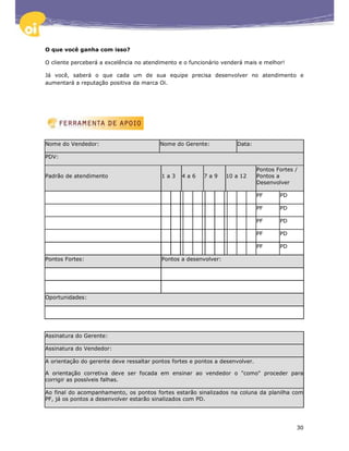 O que você ganha com isso?

O cliente perceberá a excelência no atendimento e o funcionário venderá mais e melhor!

Já você, saberá o que cada um de sua equipe precisa desenvolver no atendimento e
aumentará a reputação positiva da marca Oi.




Nome do Vendedor:                        Nome do Gerente:            Data:

PDV:

                                                                               Pontos Fortes /
Padrão de atendimento                     1a3    4a6     7a9      10 a 12      Pontos a
                                                                               Desenvolver

                                                                               PF      PD

                                                                               PF      PD

                                                                               PF      PD

                                                                               PF      PD

                                                                               PF      PD

Pontos Fortes:                            Pontos a desenvolver:




Oportunidades:




Assinatura do Gerente:

Assinatura do Vendedor:

A orientação do gerente deve ressaltar pontos fortes e pontos a desenvolver.

A orientação corretiva deve ser focada em ensinar ao vendedor o "como" proceder para
corrigir as possíveis falhas.

Ao final do acompanhamento, os pontos fortes estarão sinalizados na coluna da planilha com
PF, já os pontos a desenvolver estarão sinalizados com PD.




                                                                                             30
 